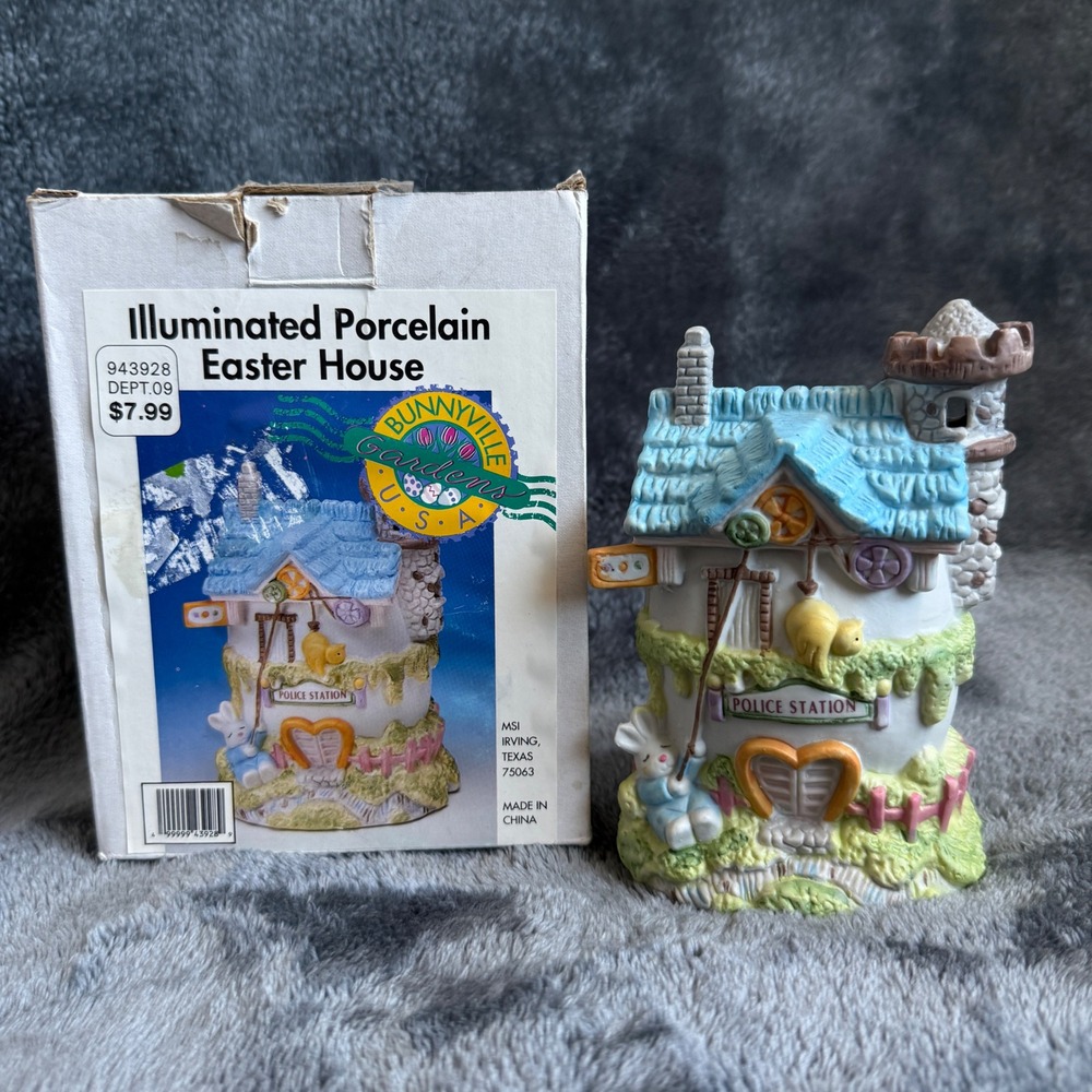 90's Bunnyville Gardens USA Illuminated Porcelain Easter House Police Station
